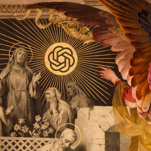 A mural shows an angel pointing toward a golden emblem, with rays emanating. Monks stand in reverence below, surrounded by flowers and architectural details.