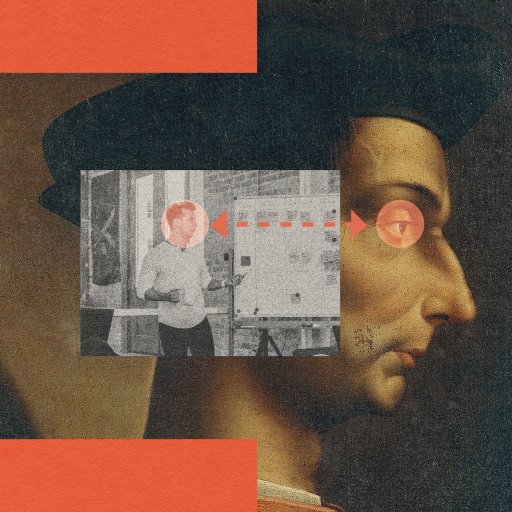 A modern black-and-white photo of a man giving a presentation exudes ambition as it overlays a historical portrait, aligning the man's face with a red dot to the eye of the portrait. Red borders frame the image.