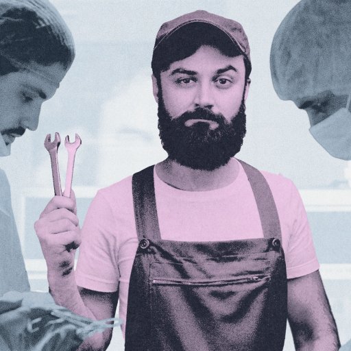 A man in overalls, an example of epistemic trespassing, holds wrenches while standing between surgeons in scrubs and masks performing surgery.