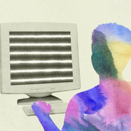 A colorful silhouette of a person sits at a desk, using a computer with a monitor displaying horizontal static lines—an image inspired by the innovative creativity of Jeff DeGraff.