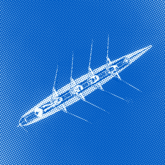 Halftone illustration of a white guitar on a blue background, shown at an angle with star-shaped highlights along the body and neck.