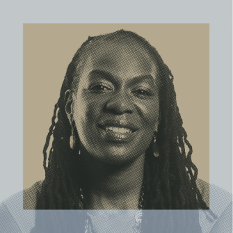 A person with long, braided hair is smiling. The portrait has a halftone effect with a beige background and a light blue overlay at the top and bottom.